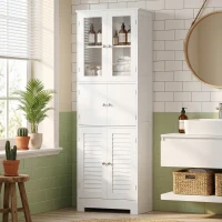 HOMCOM Meuble de salle de bain haut, meuble de rangement avec 6 portes dont 2 vitrées et 2 persiennes, étagère réglable, blanc(m-15)