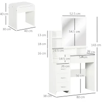 HOMCOM Toaletă de machiaj cu oglindă, masă de machiaj, scaun, 4 sertare și 4 rafturi, alb(m-3)
