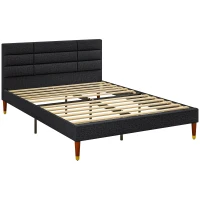 HOMCOM Cadre de lit double 2 personnes avec sommier à lattes et tête de lit capitonnée compatible matelas 140 x 200 cm noir(m-1)