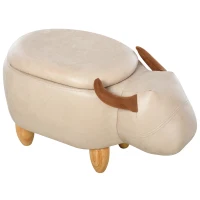 HOMCOM Tabouret Vache - Pouf Vachette - Pouf Taureau Coffre de Rangement 2 en 1 - Pieds Bois d'hévéa revêtement synthétique Aspect Crème(m-9)