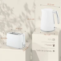 HOMCOM Ensemble bouilloire et grille-pain, bouilloire en acier 1,7 L et 2200 W et grille-pain à 2 tranches, blanc(m-3)