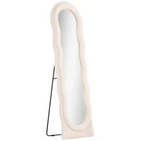 HOMCOM Espejo de Cuerpo Entero 160x50 cm Diseño Ondulado Marco con Tela de Terciopelo para Salón Dormitorio Crema(m-1)