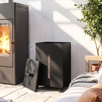 Outsunny Metall Pelletbehälter mit Rollen, 30 kg Pelletbox, Pelletlagerung mit Sieb 4 Füllstandsanzeigen 36,5 x 36,5 x 61,5 cm(m-10)