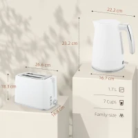 HOMCOM Set Fierbător Electric de 1.7L 2200W cu Termostat și Prăjitor de Pâine Dublu cu 7 Niveluri de Rumeneală, Alb(m-3)