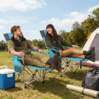 Outsunny Set of 2 Reclining Folding Camping Chair w/ Detachable Footrest, Storage Bag, Cup Holder & Headrest, Blue and Grey(m-10)
