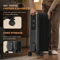 HOMCOM 2000W Oil Filled Radiator, 9 Fin, Portable Electric Heater with 3 Heat Settings, Safety Cut-Off and Wheels, Grey(m-7)