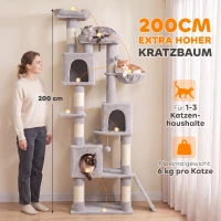 PawHut Kratzbaum Große, 200 cm hoch Katzenbaum mit 2 Betten, 3 Höhlen, Hängematte, 3 Bällen für 1-3 Katzen unter 6 kg, Hellgrau(m-4)