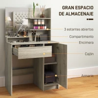 HOMCOM Tocador de Maquillaje con Taburete Espejo Estantes Abiertos Cajón y Estante Ajustable Anti-vuelco Natural y Beige(m-4)