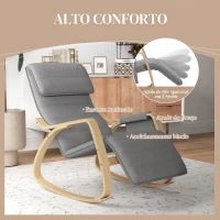 HOMCOM Cadeira de Baloiço com Apoio para os Pés Ajustável em 5 Posições, Bolso Lateral, Apoios de Braços em Madeira e Apoio de Cabeça, Cinzento(m-5)