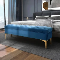 HOMCOM Banc banquette capitonnée bout de lit style classique chic 118L x 45l x 42H cm piètement métal doré velours bleu(m-2)