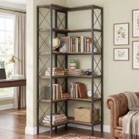 HOMCOM 5-Tier L-Shaped Bookshelf, Freestanding Corner Bookcase with Metal Frame, Rustic Brown(m-8)