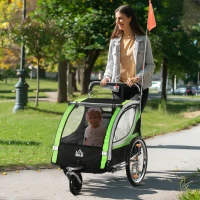HOMCOM 2-in-1 Fahrradanhänger für 2 Kinder, Schiebefunktion, Regenschutz, Bremse, Grün(m-10)
