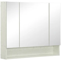 kleankin Specchio Bagno Contenitore con 3 Ante Soft Close, 90x15x75 cm Mobile Bagno con Specchio, Ripiani Regolabili, Scomparto Aperto, Mobilettto Bagno da Parete Salvaspazio in Vetro, Effetto Legno(m-1)