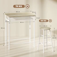 HOMCOM Ensemble table de bar avec tabourets, table à manger debout avec 2 chaises, étagère et pieds en métal, 80x50x90cm, blanc(m-3)