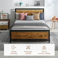 HOMCOM Struttura Letto Una Piazza e Mezza in Legno e Acciaio con Doghe in Stile Industriale, 140x200cm(m-6)