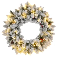 HOMCOM Couronne de Noël porte artificielle 60 CM avec pommes de pin et grappes de baies, lumières LED et minuterie vert(m-11)