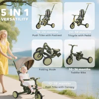 AIYAPLAY 5 in 1 Kids Trike with Adjustable Backrest, Toddler Tricycle with Push Handlebar, Adjustable Backrest, Dark Green(m-4)