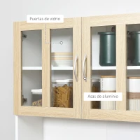 HOMCOM Alacena de Cocina con 4 Puertas de Vidrio Encimera Abierta Cajón Estantes Ajustables 80x40x180 cm Blanco y Natural(m-6)