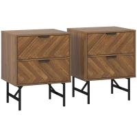 HOMCOM Bedside Table Set of 2 with 2 Drawers, Modern Side Tables with Herringbone Pattern and Metal Legs for Bedroom, Living Room, Walnut Brown(m-1)