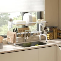 HOMCOM Escorredor de Louça de Aço de 2 Níveis com Prateleira para Pratos Suporte para Facas e Talheres 100x30x54,5 cm Branco(m-10)