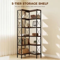 HOMCOM 5-Tier L-Shaped Bookshelf, Freestanding Corner Bookcase with Metal Frame, Rustic Brown(m-5)