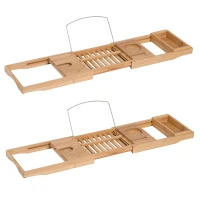 HOMCOM Extendable Bamboo Bathtub Shelf Rack Bath Caddy Tray Bathroom Storage, Set of 2(m-11)