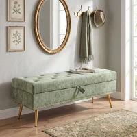 HOMCOM Storage Ottoman, Chenille Upholstered Ottoman Storage Box with Padded Seat, Metal Legs, 114 x 41 x 45 cm, Light Green(m-9)
