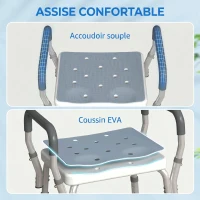 HOMCOM Taburet pentru Duș Reglabil cu Brațe și Orificii de Drenaj, din Aluminiu, HDPE și EVA, 52x45x57-69 cm(m-5)