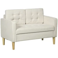 HOMCOM Modern Loveseat Sofa, Compact 2 Seater Sofa with Hidden Storage, 117cm Tufted Cotton Couch with Wood Legs, Cream White(m-1)