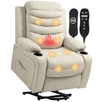 HOMCOM Elektrische Relaxstoel met Opsta-hulp, Massage, Verwarming, USB-aansluiting, PU-leer, Crème(m-11)