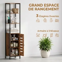 kleankin Meuble colonne de salle de bain industriel 3 étagères ouvertes porte à lamelles étagères réglables marron rustique(m-4)
