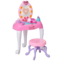 HOMCOM Kinderschminktisch Frisiertisch mit Hocker 7 Musikstücke Licht Mädchen Kosmetik Spiegel Rosa 36 x 20 x 59,5 cm(m-1)