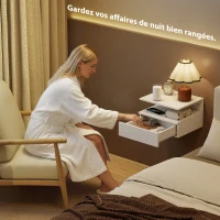 HOMCOM Lot de 2 tables de chevet murales, tables de nuit suspendues avec tiroir, étagère ouverte, 35x32x22,5cm, blanc(m-4)