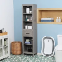 kleankin Colonna Bagno in Truciolato con 5 Ripiani Aperti e un Cassetto, 42x30x170 cm, Grigio(m-10)