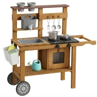 AIYAPLAY Matschküche Kinder Outdoor Spielküche aus Holz mit Wasserhahn Spüle Pflanzkasten Rädern Stauraum für 3-6 Jahre Braun(m-1)