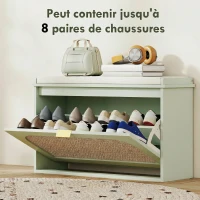 HOMCOM Banc à chaussures, banc de rangement, assise rembourrée, tiroir rabattable, porte en rotin, 80 x 26 x 47,5 cm, vert(m-6)