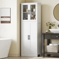 HOMCOM Meuble de salle de bain haut 6 niveaux, meuble de rangement avec 4 portes dont 2 vitrées et étagères réglables, blanc(m-10)