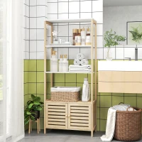 HOMCOM Estante para Casa de Banho de Bambu com 3 Prateleiras Abertas Estante de Arrumação Casa de Banho com Portas Ripadas 63x30x138 cm Madeira e Branco(m-10)