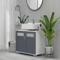 kleankin Mueble para Debajo del Lavabo Armario de Baño Bajo Lavabo con 2 Puertas de Vidrio Templado 69x35x59 cm Blanco y Gris(m-10)