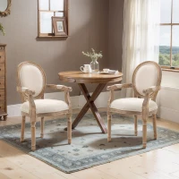 HOMCOM Lot de 2 chaises de Salle à Manger Chaise de Salon médaillon Style Louis XVI Bois Massif patiné sculpté Tissu Lin Crème(m-2)