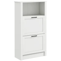 HOMCOM Modern Shoe Cabinet with 2 Flip Drawers and Adjustable Shelves, Narrow Shoe Storage Cabinet with Open Compartment, Holds 10 Pairs for Entryway, Hallway, White(m-1)