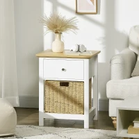 HOMCOM Mesita de Noche con Cajón y Cesta de Ratán Plegable Mesa Auxiliar para Salón Dormitorio 49x39x64 cm Blanco y Natural(m-10)