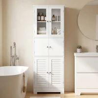 HOMCOM Meuble de salle de bain haut, meuble de rangement avec 6 portes dont 2 vitrées et 2 persiennes, étagère réglable, blanc(m-9)