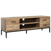 HOMCOM Meuble TV banc TV jusqu'à 50 pouces placard, 2 tiroirs et étagère - 2 passe-câbles - 132 x 39 x 45,5 cm marron noir(m-12)