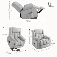 HOMCOM Elektrische TV Fauteuil met Opsta-hulp Relaxfauteuil met Lig-, Warmte- en Massagefunctie Massagesessel met Afstandsbediening Bekerhouder Zijvak USB Pocketvering Fluweel Lichtgrijs(m-3)