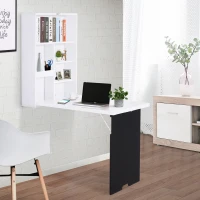 HOMCOM Folding Wall-Mounted Drop-Leaf Table, Convertible Wall Table With Chalkboard and Storage Shelf, Multifunctional Floating Desk for Home Office, White(m-2)