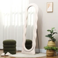 HOMCOM Espejo de Cuerpo Entero 160x50 cm Diseño Ondulado Marco con Tela de Terciopelo para Salón Dormitorio Crema(m-10)