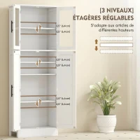HOMCOM Meuble de salle de bain haut 6 niveaux, meuble de rangement avec 4 portes dont 2 vitrées et étagères réglables, blanc(m-5)