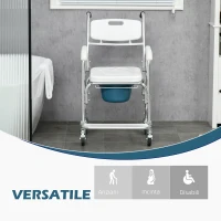 HOMCOM Sedia Comoda con Ruote per Anziani 3 in 1, Sedia per WC in Alluminio con Secchio Rimovibile, Bianco(m-5)
