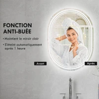kleankin Miroir de salle de bain ovale lumineux LED 3 couleurs luminosité réglable interrupteur tactile, anti-buée, 70 x 50 cm(m-6)